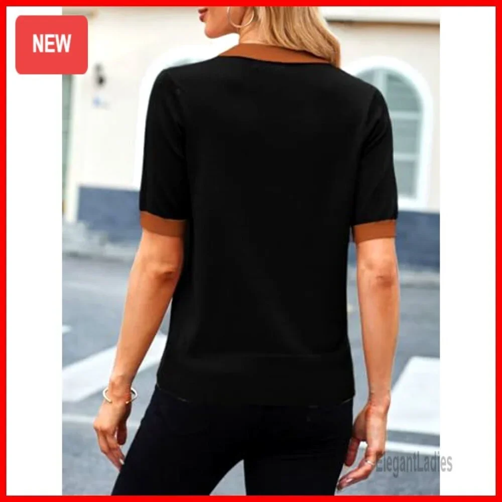 Short Sleeve V-Neck Polo Sweater, Ribbed Knit Pullover, Casual Loose Fit